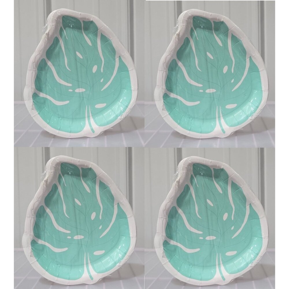 Teal & White 32 Count Leaf Shaped Fall Themed Party Plates 6.5" x 7.5"